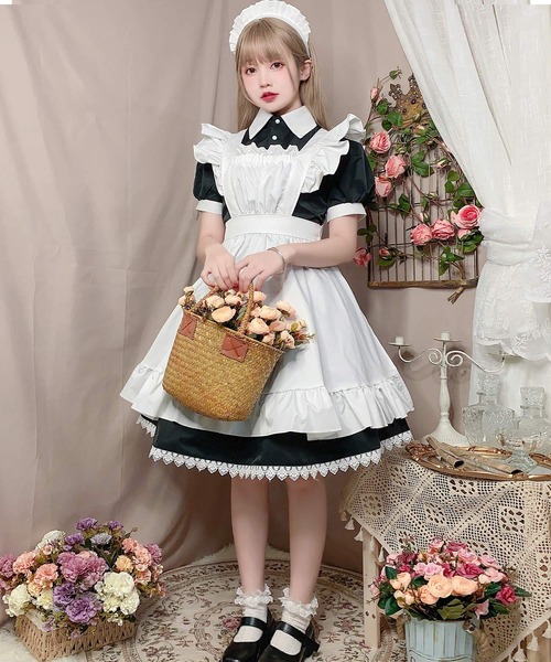 OSYAREVO コスプレ メイド服 半袖 膝丈 3点セット レディース