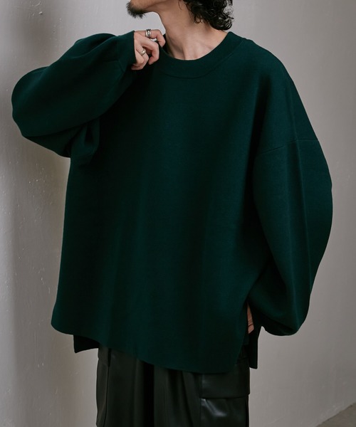 ニット ウォッシャブルボリュームスリーブサイドスリットスムースニット 