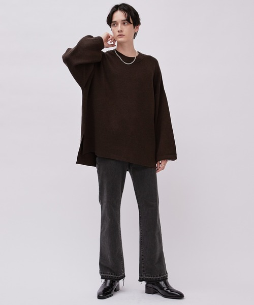 ニット ウォッシャブルボリュームスリーブサイドスリットスムースニット 