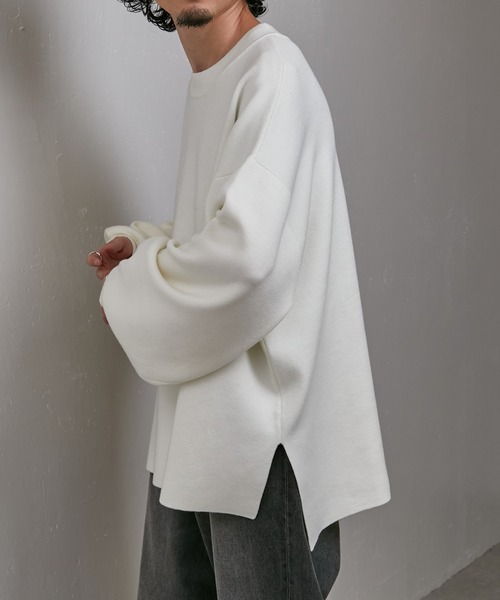 ニット ウォッシャブルボリュームスリーブサイドスリットスムースニット 