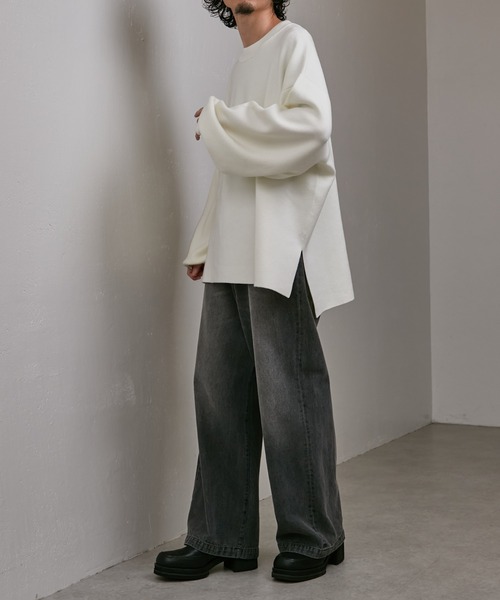 ニット ウォッシャブルボリュームスリーブサイドスリットスムースニット 