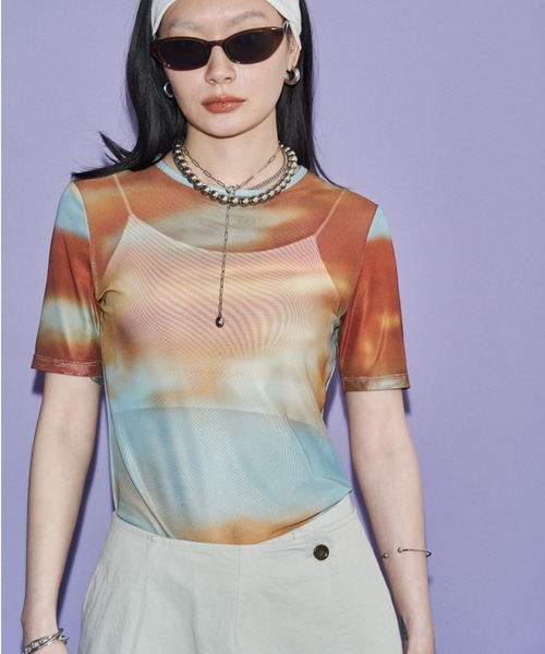 Solace tシャツ ニュアンス柄シアーハーフスリーブトップス