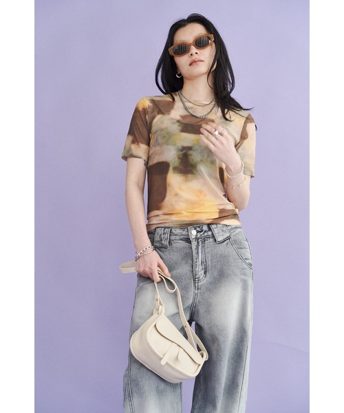 Solace tシャツ ニュアンス柄シアーハーフスリーブトップス