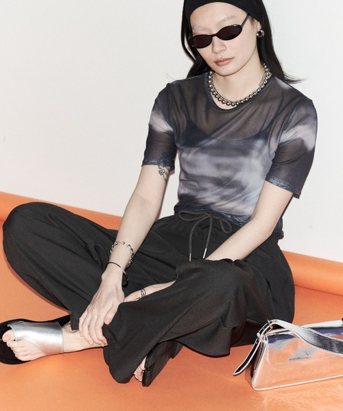 Solace tシャツ ニュアンス柄シアーハーフスリーブトップス