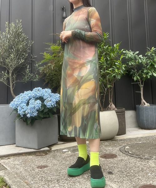 moyan ecri ワンピース 「moyan ecri」シアー花柄プリントロング