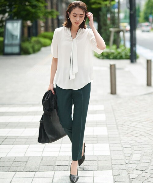 icb　今季　BackSatinAmunzen 5分袖配色ボウタイブラウス ICB ブラウス シャツ BackSatinAmunzen 5分袖配色ボウタイ