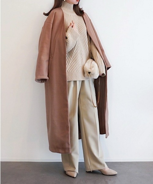 「ECRIRE」 ノーカラーコート M ベージュ レディース_画像3