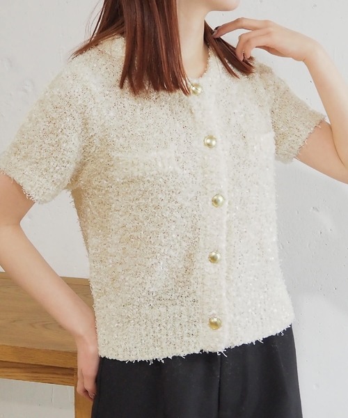 【美品訳あり】CHANEL金ボタン半袖カーディガンコットン×シルク×カシミヤ 美品訳あり】CHANEL金ボタン半袖カーディガンコットン×シルク