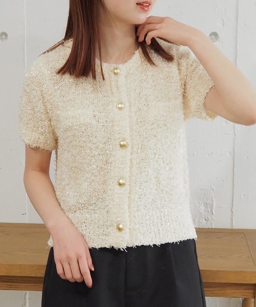 tシャツ チャームVカットカーデ レディース tiptop カーディガン ゴールドボタン半袖カーディガン