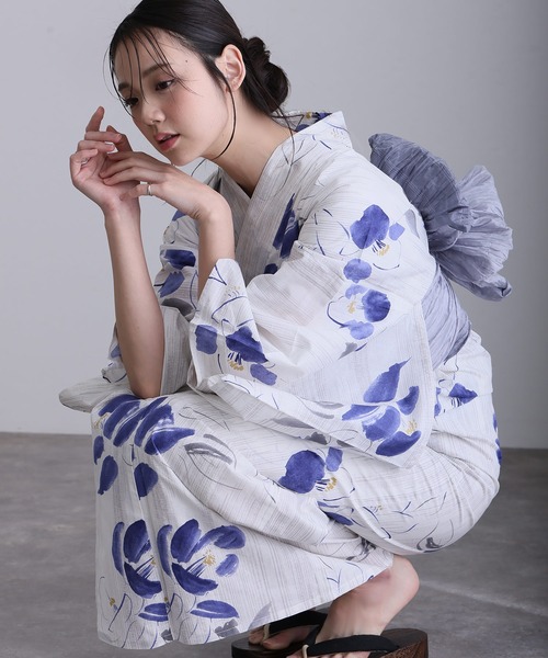 レディース　浴衣　兵児帯　紫陽花 yulie 浴衣 大人浴衣2点セット洗える 兵児帯 女性 黒 選べる シック
