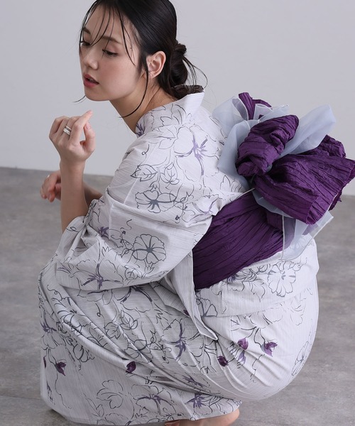 yulie 浴衣 大人浴衣2点セット洗える 綿麻帯 兵児帯 女性 黒