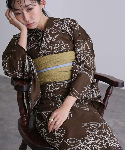 yulie 浴衣 大人浴衣2点セット洗える 綿麻帯 兵児帯 女性 黒