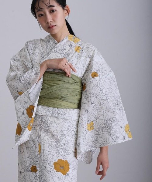 yulie 浴衣 大人浴衣2点セット洗える 綿麻帯 兵児帯 女性 黒 選べる