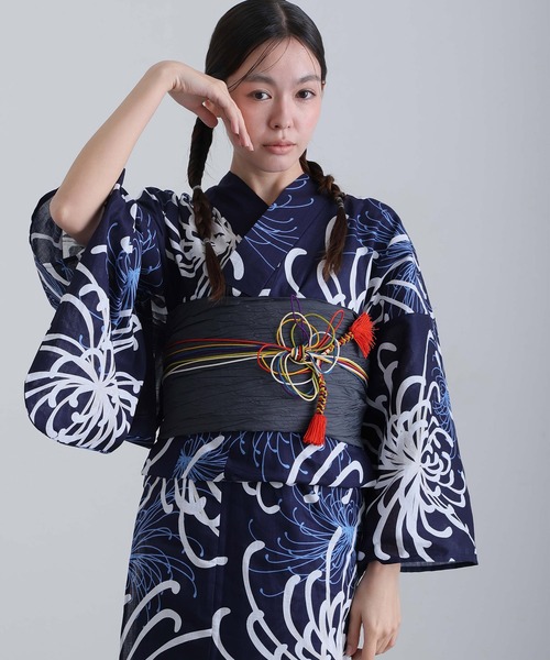yulie 浴衣 大人浴衣2点セット洗える 兵児帯 女性 黒 選べる シック