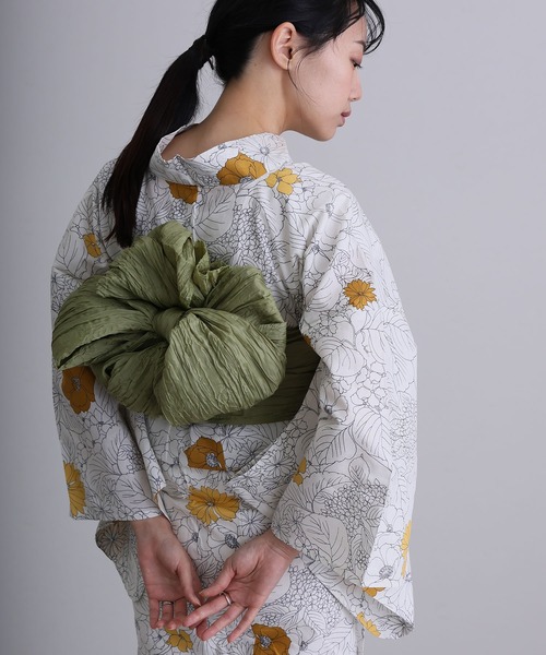 yulie 浴衣 大人浴衣2点セット洗える 綿麻帯 兵児帯 女性 黒 選べる