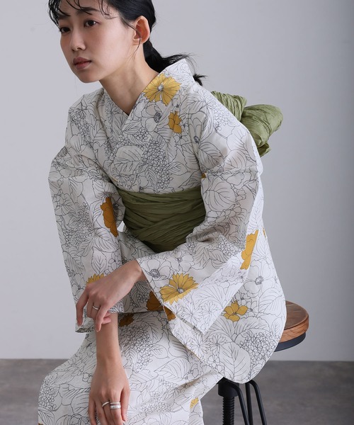 yulie 浴衣 大人浴衣2点セット洗える 綿麻帯 兵児帯 女性 黒 選べる