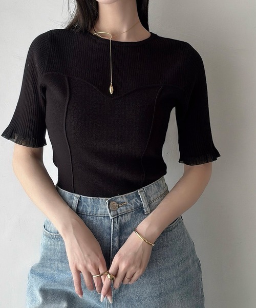 Meiru ニット セーター シアーフリル半袖ビスチェリブニット