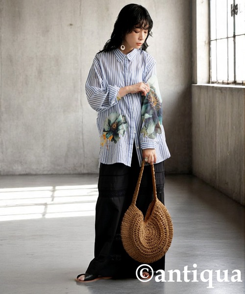 antiqua ブラウス シャツ 花柄ストライプシャツ レディース