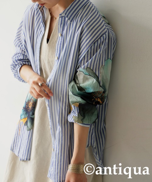 antiqua ブラウス シャツ 花柄ストライプシャツ レディース
