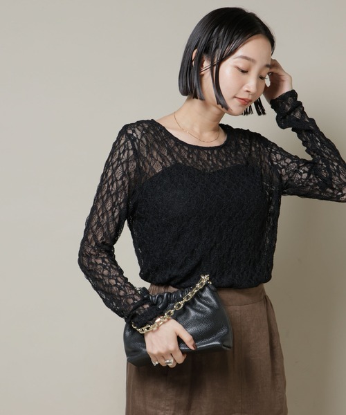 NANO universe tシャツ シアーレースロングスリーブトップス