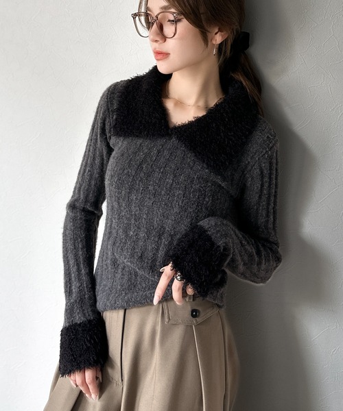 美品♪セオリー ウールリブニットベスト S ブラック黒 ラビットファーフード mily bilet ニット セーター 「mily bilet」可愛さ、ふわり2倍増し配色