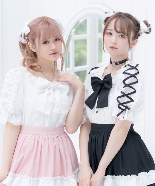 「DearMyLove」 半袖ブラウス MEDIUM ホワイト×グレー レディース_画像2