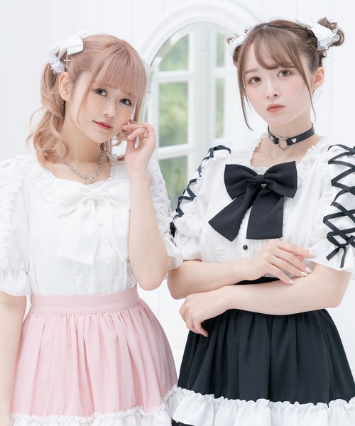 「DearMyLove」 半袖ブラウス MEDIUM ホワイト×グレー レディース_画像6