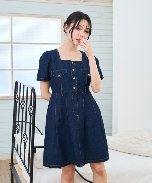 Lallana（ララーナ） ワンピース 半袖 square neck denim mini dress