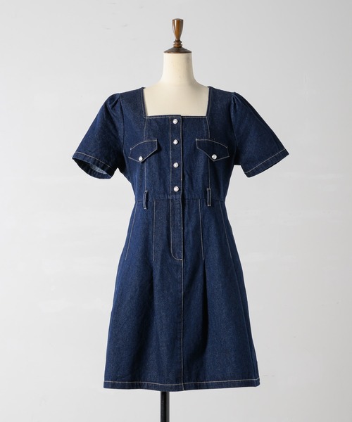 Lallana（ララーナ） ワンピース 半袖 square neck denim mini dress