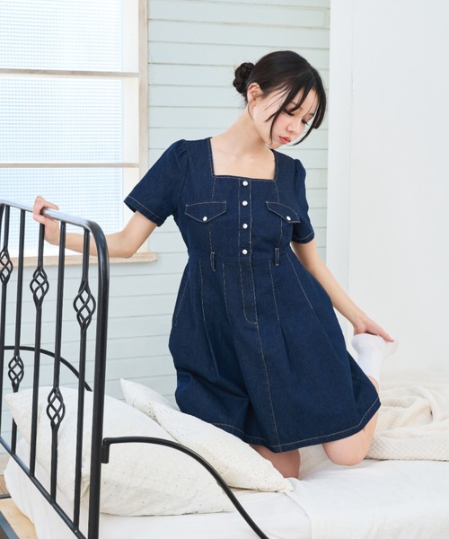 Lallana（ララーナ） ワンピース 半袖 square neck denim mini dress