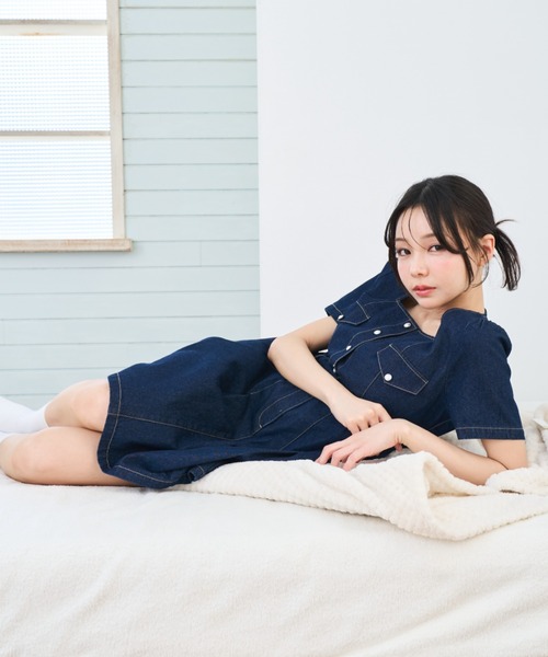 Lallana（ララーナ） ワンピース 半袖 square neck denim mini dress