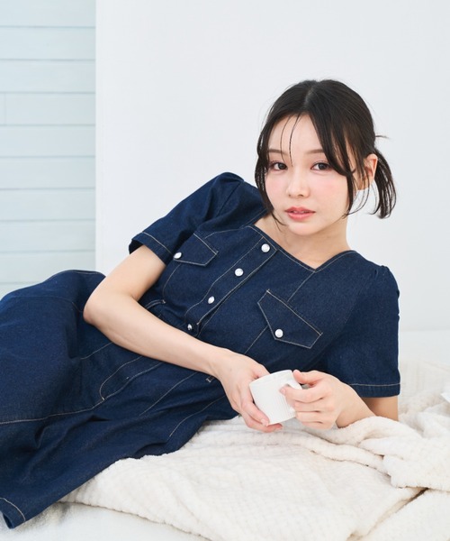 Lallana（ララーナ） ワンピース 半袖 square neck denim mini dress