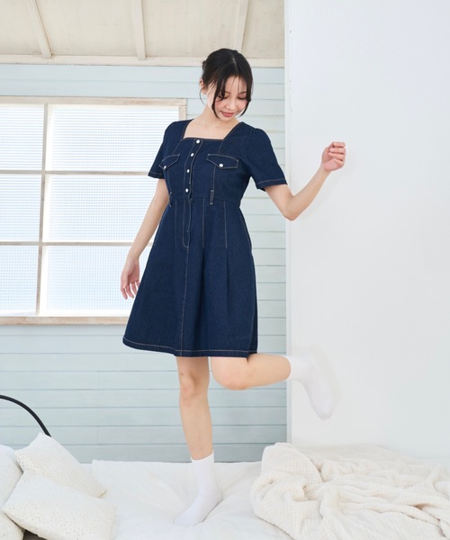 Lallana（ララーナ） ワンピース 半袖 square neck denim mini dress