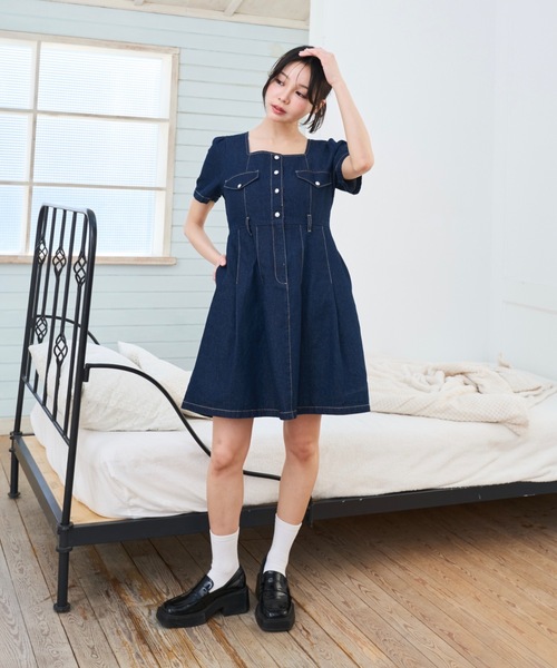 Lallana（ララーナ） ワンピース 半袖 square neck denim mini dress