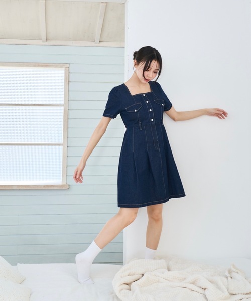 Lallana（ララーナ） ワンピース 半袖 square neck denim mini dress
