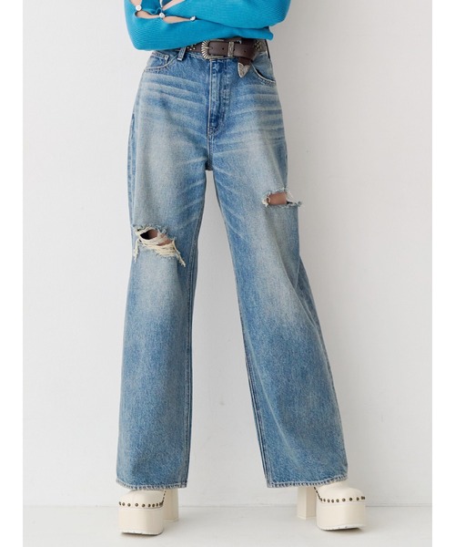 ジーンズ デニム デニムパンツ カットアウトハイウエストワイドデニムパンツ「セットアップ着用可能」 レディース_2
