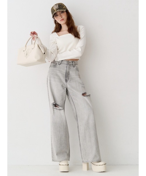 ジーンズ デニム デニムパンツ カットアウトハイウエストワイドデニムパンツ「セットアップ着用可能」 レディース_6