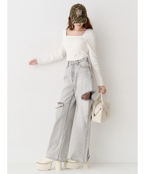 ジーンズ デニム デニムパンツ カットアウトハイウエストワイドデニムパンツ「セットアップ着用可能」 レディース_7
