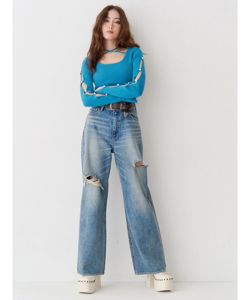 ジーンズ デニム デニムパンツ カットアウトハイウエストワイドデニムパンツ「セットアップ着用可能」 レディース_9