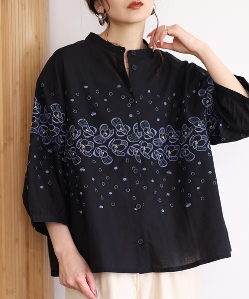 Emago（イマゴ） ブラウス シャツ 夏 花ドット刺繍シャツ 7分袖 