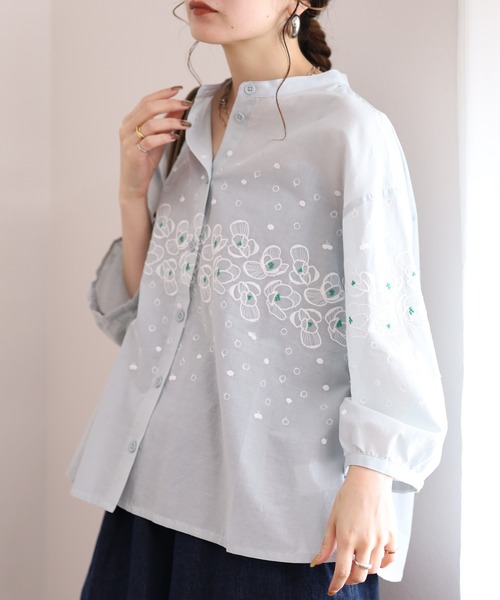 Emago（イマゴ） ブラウス シャツ 夏 花ドット刺繍シャツ 7分袖 