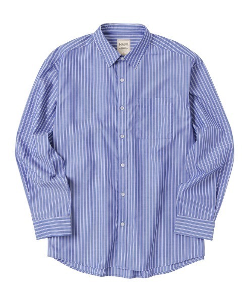 6色 シャツ メンズ 長袖 ストライプ ロゴ ルーズ カジュアル派 NAVY(ファッション) シャツ ルーズシルエットストライプ L/S