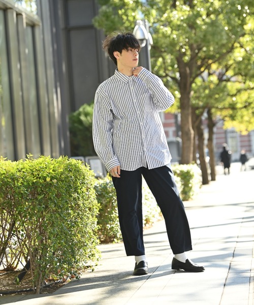 PEOPLESTYLE ストライプシャツ 長袖 ルーズ ストリート 男女兼用 NAVY(ファッション) シャツ ルーズシルエットストライプ L/S