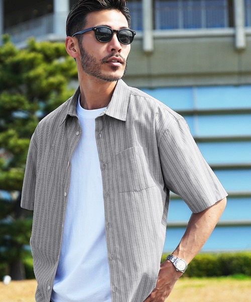半袖ストライプシャツ メンズ 薄手素材 リラックスシルエット JIGGYS SHOP シャツ イージーケアリラックスシルエット
