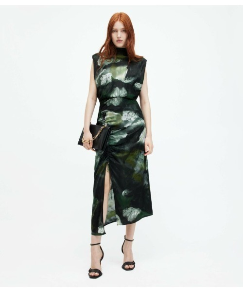 ALLSAINTS ワンピース ISA SILK BLEND CAMO PRINT MIDI DRESS