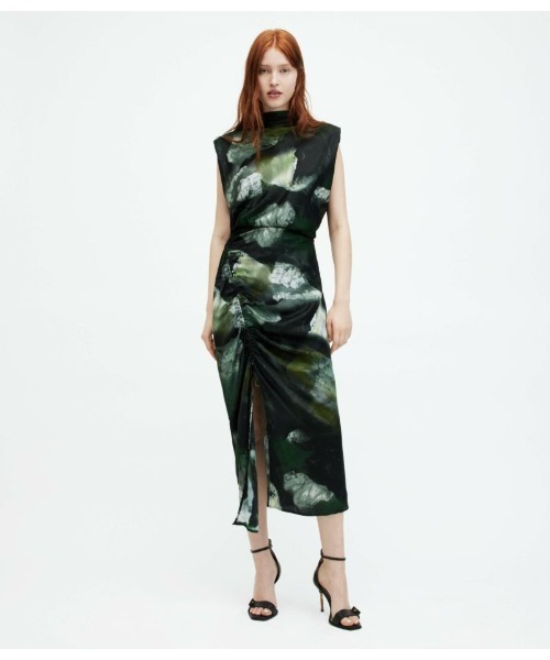 ALLSAINTS ワンピース ISA SILK BLEND CAMO PRINT MIDI DRESS