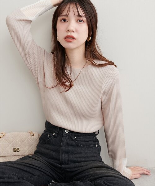 ニット セーター 「洗えるニット」袖シアーリブニット レディース natural couture ニット 袖口シアーリブニット レディース