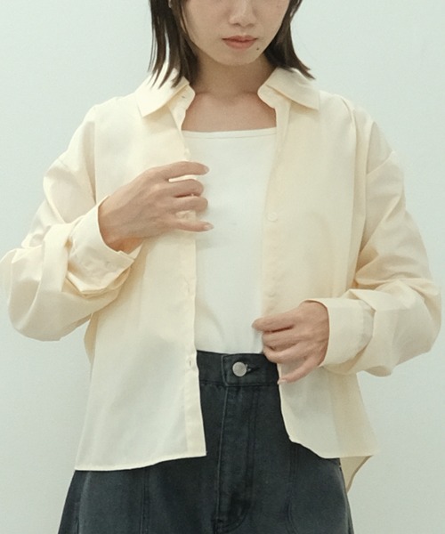 ショート丈シャツ 長袖トップス 3色展開 カジュアルロンＴ トップス Tシャツ シャツ プルオーバー 白シャツ ミニ ミニ丈 ショート ショート丈 袖あり 長袖 HEILIS ブラウス シャツ クロップド丈ロングスリーブシャツ