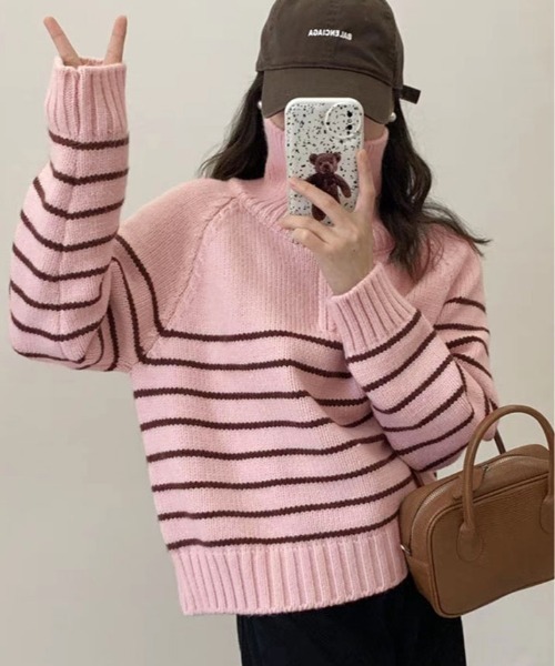 ニット セーター ハーフ ジップ ボーダー プルオーバー レディース