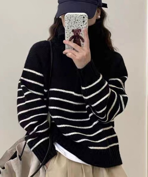 ニット セーター ハーフ ジップ ボーダー プルオーバー レディース